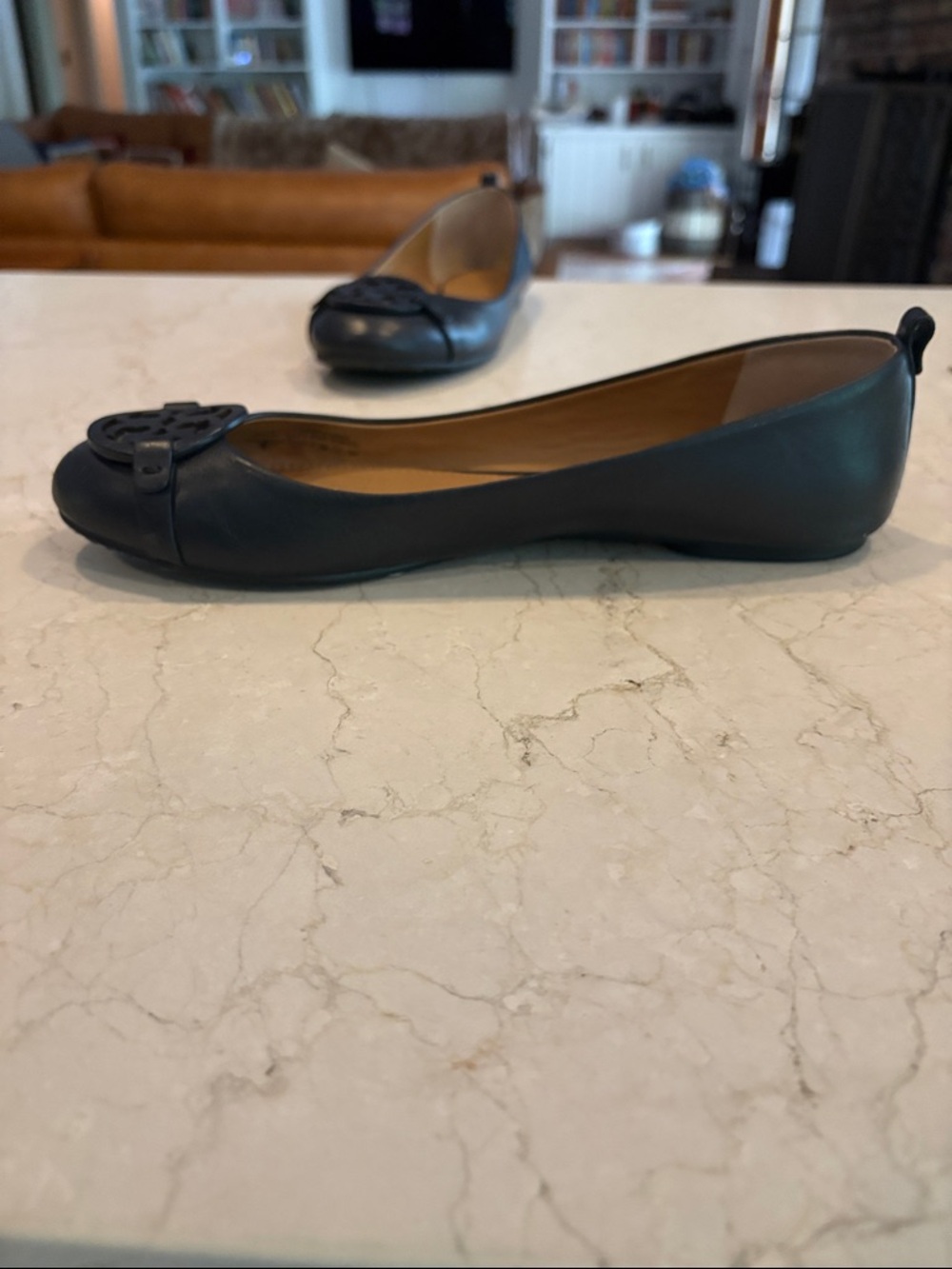 Tory Burch Navy Leather Logo Ballet Flats - Picture 3 of 5